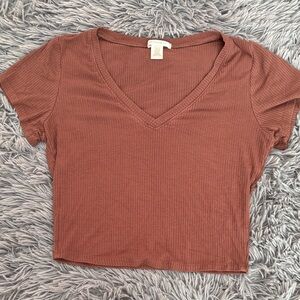 Bozzolo V-Neck Ribbed Fitted Brown Crop Top Tee